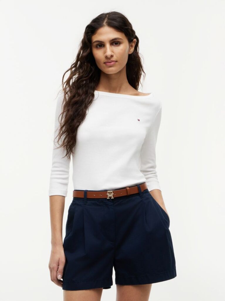Μπεζ Slim T-Shirt Με Λαιμόκοψη Boat Και Μανίκι 3/4  Γυναίκες