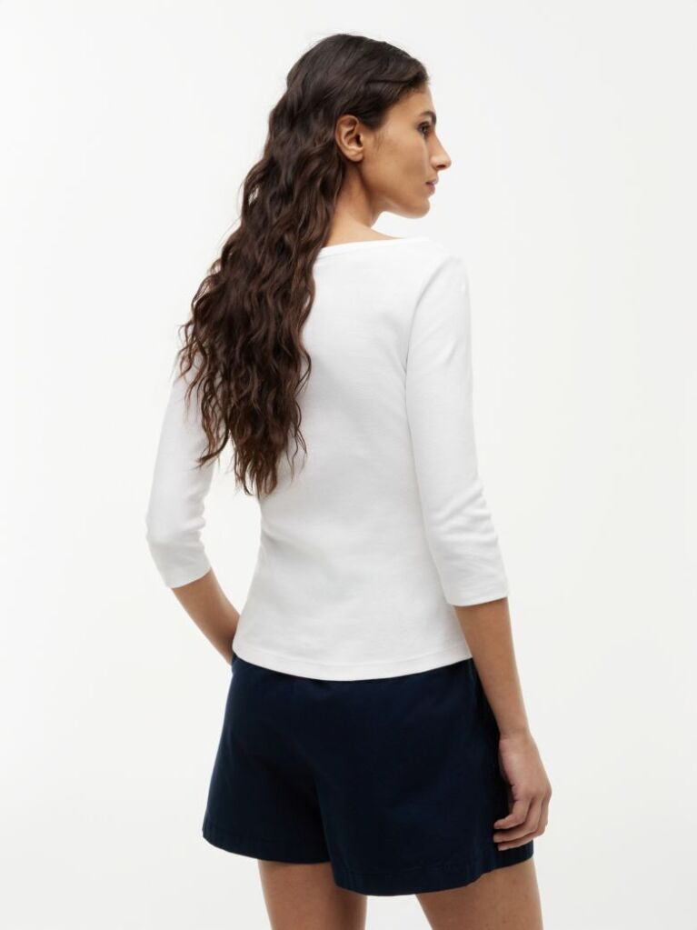 Μπεζ Slim T-Shirt Με Λαιμόκοψη Boat Και Μανίκι 3/4  Γυναίκες