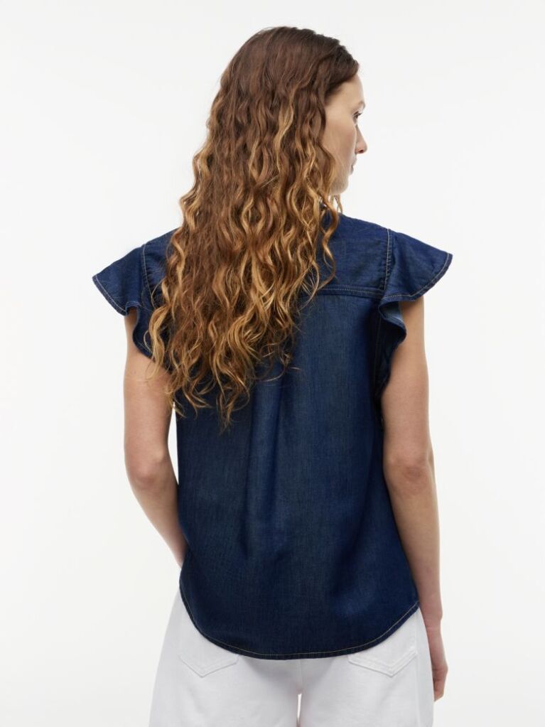 Μπλε Πουκάμισο Denim Με Μανίκι Cap Σε Κανονική Γραμμή  Γυναίκες