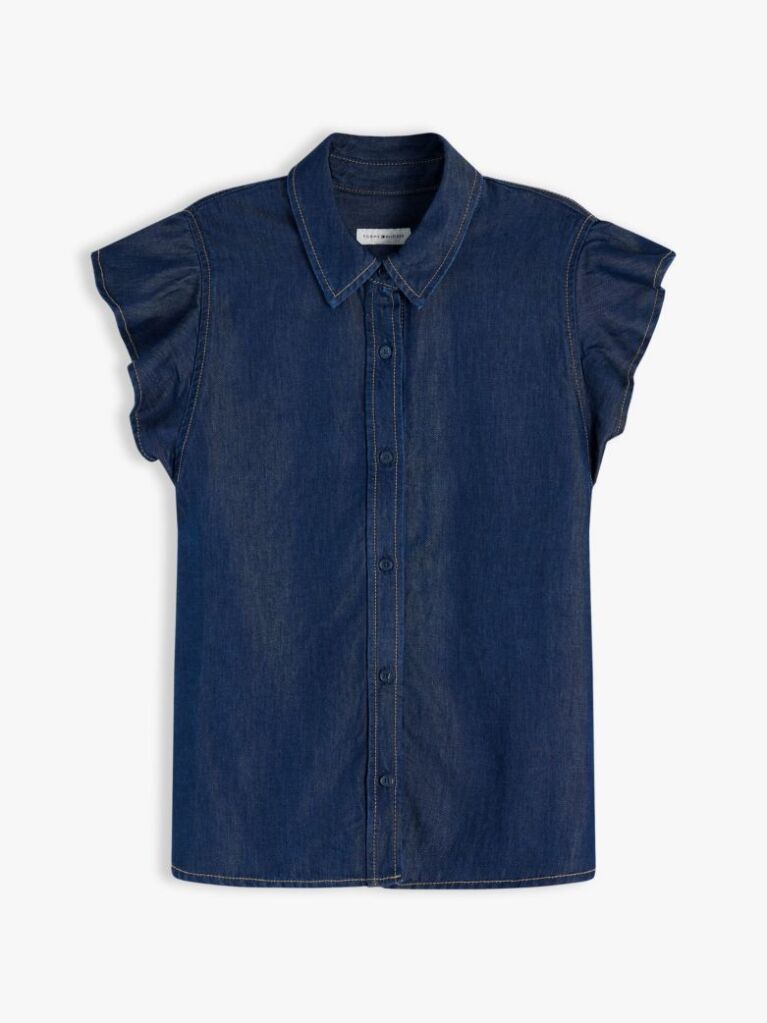 Μπλε Πουκάμισο Denim Με Μανίκι Cap Σε Κανονική Γραμμή  Γυναίκες