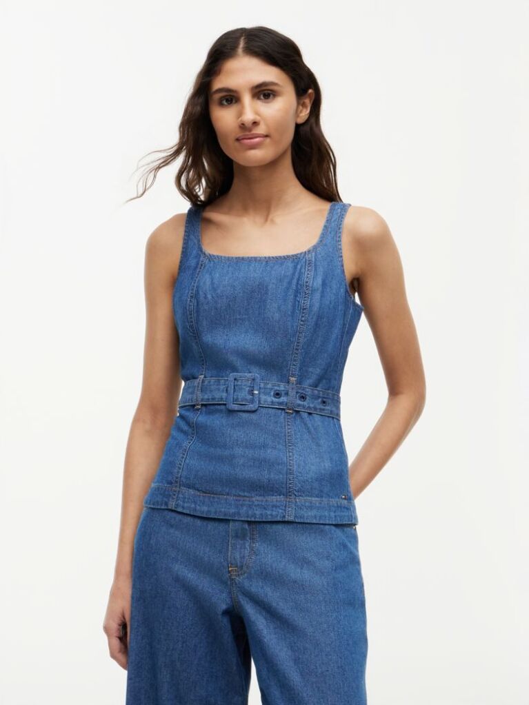 Μπλε Denim Τοπ Αμάνικο Με Ζώνη  Γυναίκες