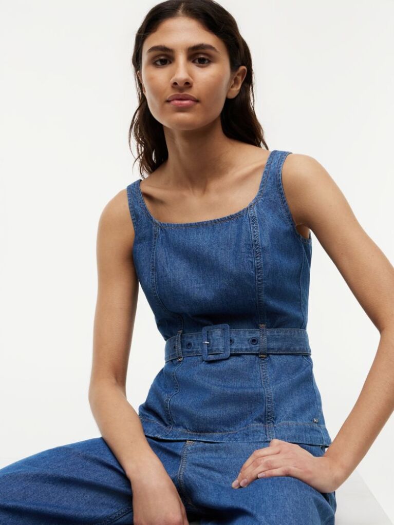 Μπλε Denim Τοπ Αμάνικο Με Ζώνη  Γυναίκες