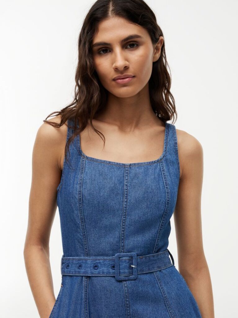 Blue Belted Denim Fit And Flare Midi Dress  Women