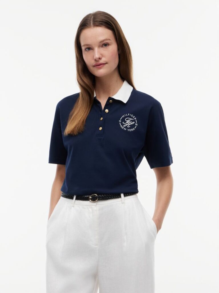 Blue Regular Fit Gold-Tone Button Polo Shirt  Women