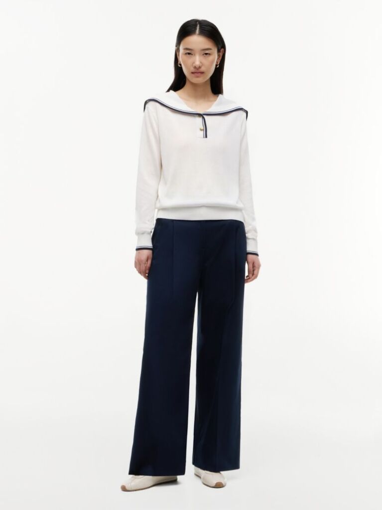 Beige Relaxed Sailor Collar Jumper With Silk  Women