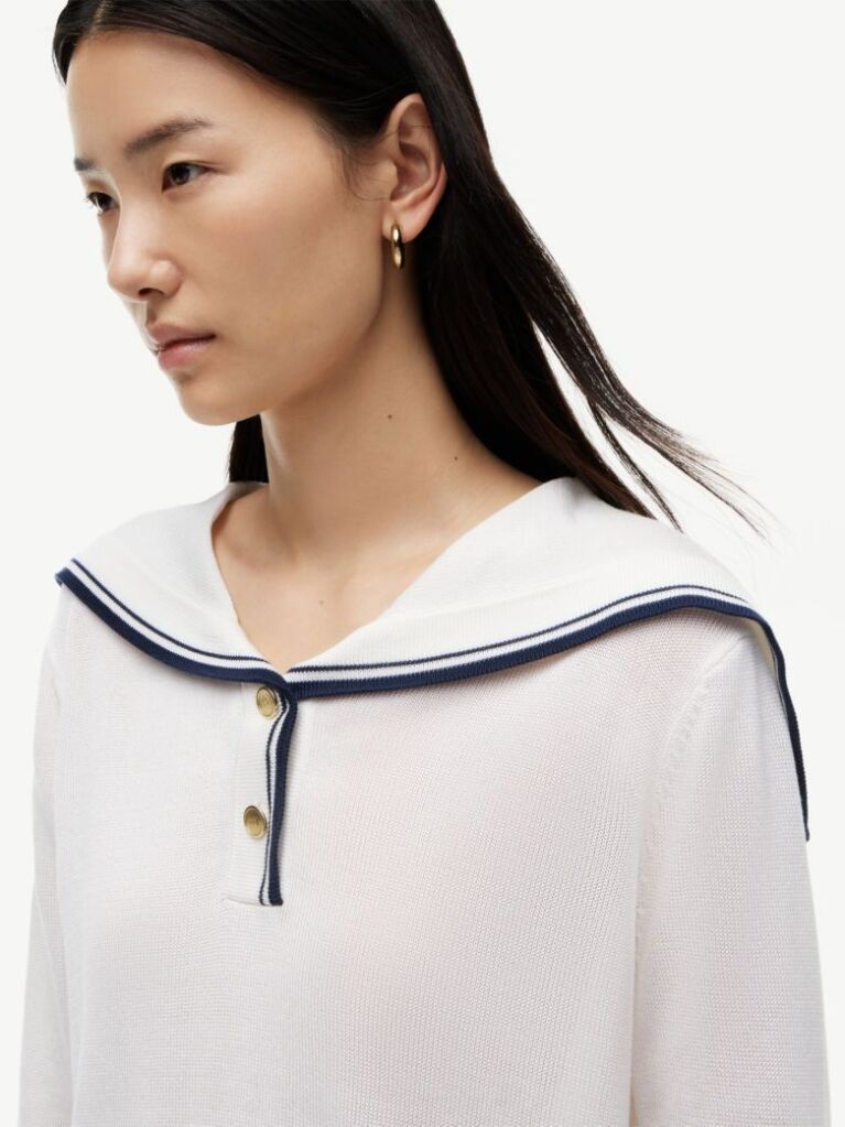 Beige Relaxed Sailor Collar Jumper With Silk  Women