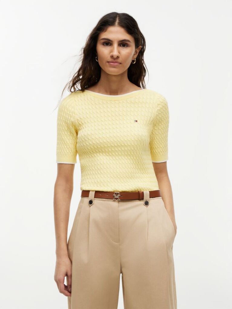 Yellow Cable Knit Boat Neck Short Sleeve Jumper  Women