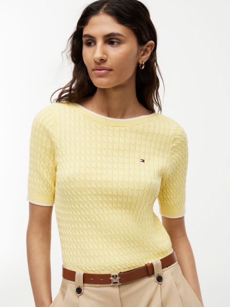 Yellow Cable Knit Boat Neck Short Sleeve Jumper  Women