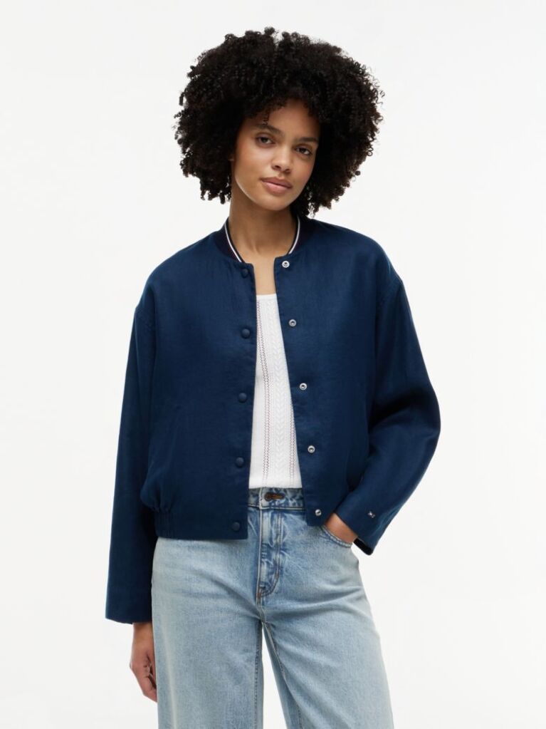 Blue Pure Linen Twill Bomber Jacket  Women