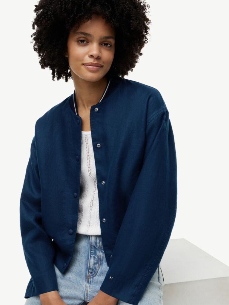 Blue Pure Linen Twill Bomber Jacket  Women