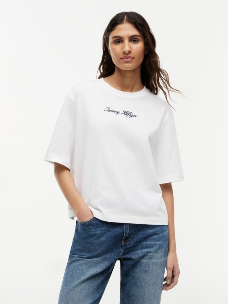 Άσπρο Άνετο T-Shirt Με Λογότυπο Και Στρογγυλή Λαιμόκοψη  Γυναίκες