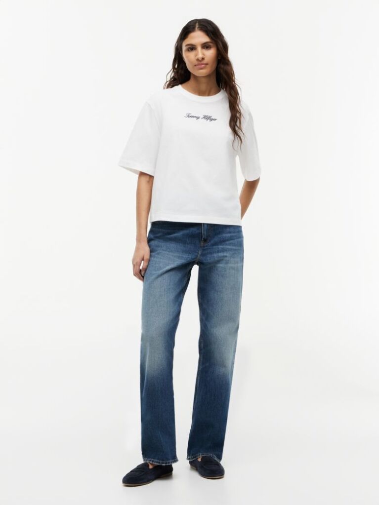 Άσπρο Άνετο T-Shirt Με Λογότυπο Και Στρογγυλή Λαιμόκοψη  Γυναίκες