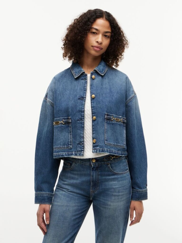 Μπλε Τζάκετ Denim Σε Άνετη Γραμμή Με Σημαία  Γυναίκες