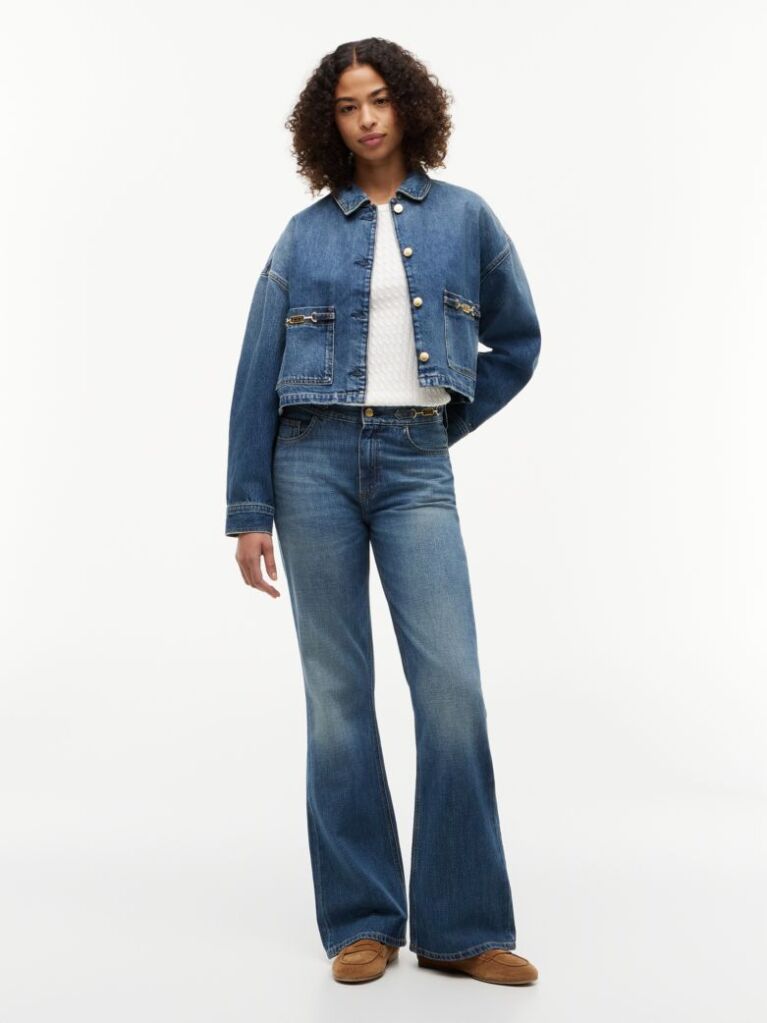 Μπλε Τζάκετ Denim Σε Άνετη Γραμμή Με Σημαία  Γυναίκες