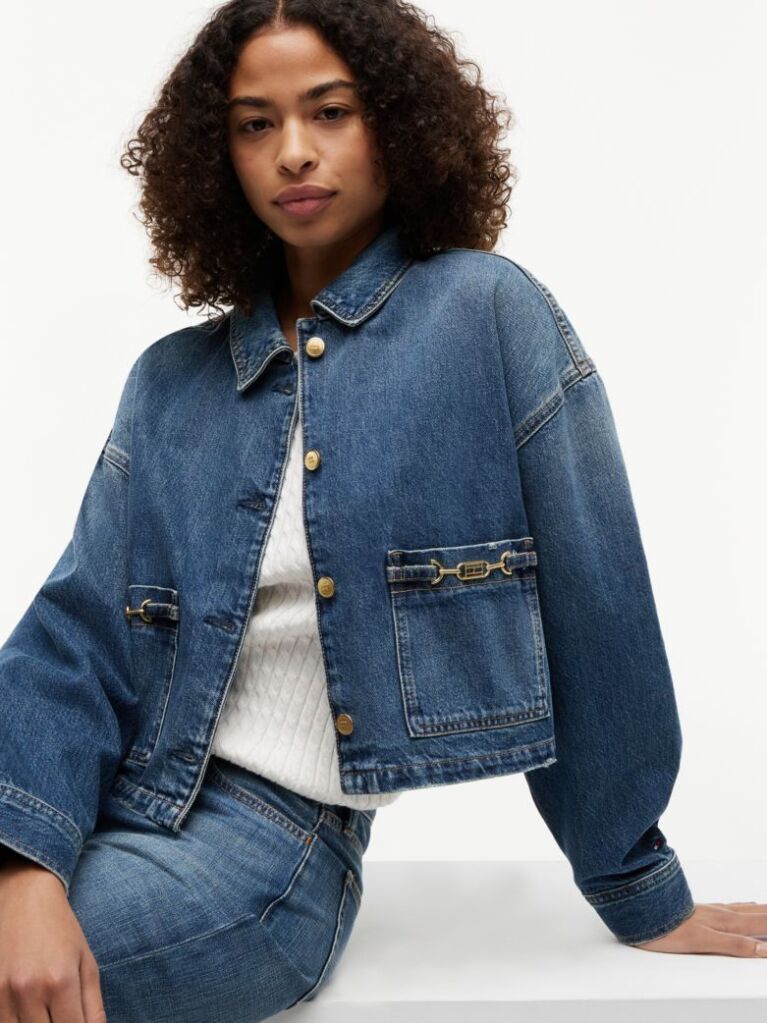 Μπλε Τζάκετ Denim Σε Άνετη Γραμμή Με Σημαία  Γυναίκες