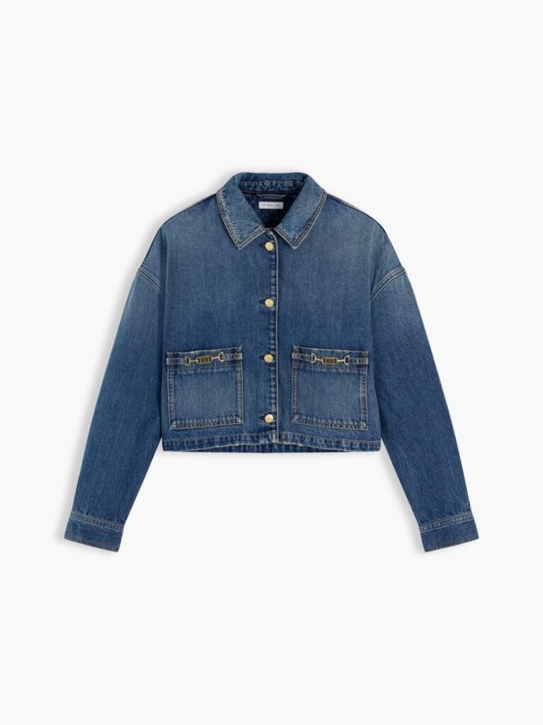 Μπλε Τζάκετ Denim Σε Άνετη Γραμμή Με Σημαία  Γυναίκες