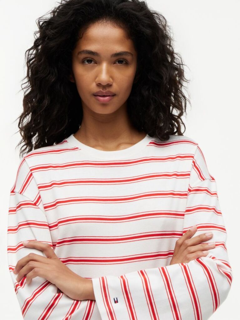 Multi Stripe Drawstring Hem Long Sleeve T-Shirt  Women