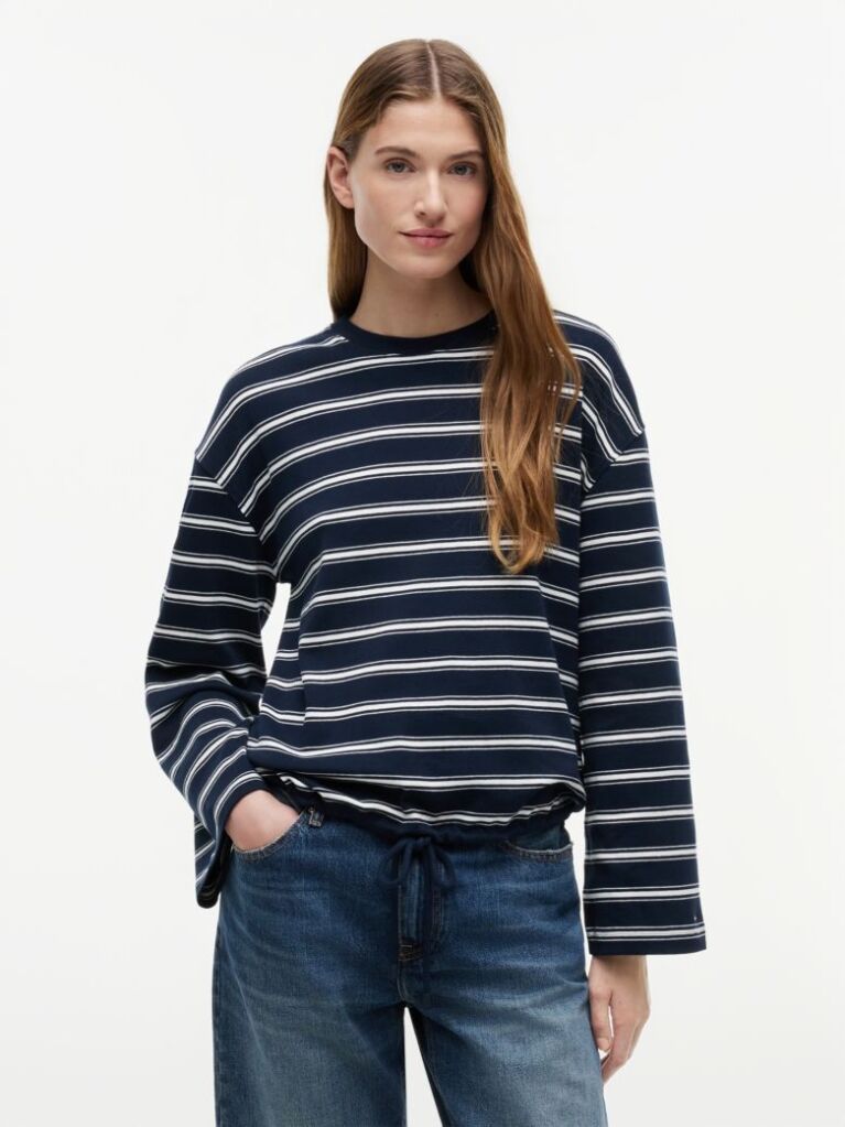 Multi Stripe Drawstring Hem Long Sleeve T-Shirt  Women