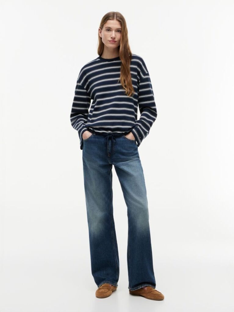 Multi Stripe Drawstring Hem Long Sleeve T-Shirt  Women