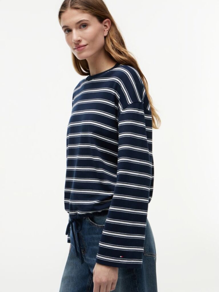 Multi Stripe Drawstring Hem Long Sleeve T-Shirt  Women