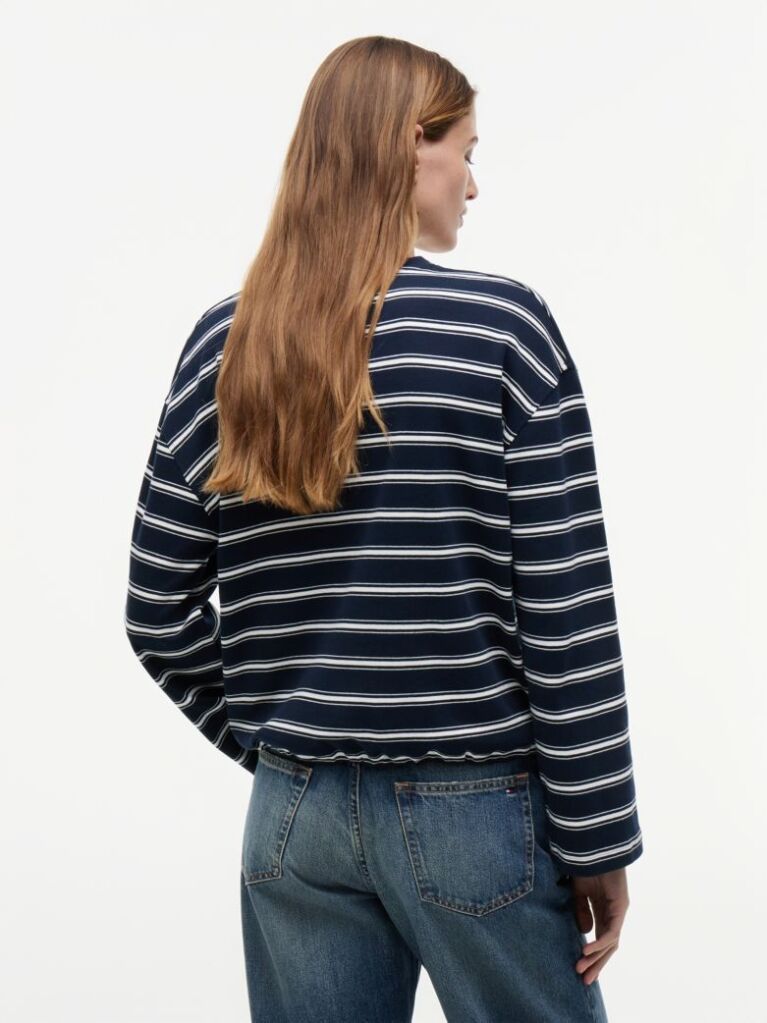 Multi Stripe Drawstring Hem Long Sleeve T-Shirt  Women