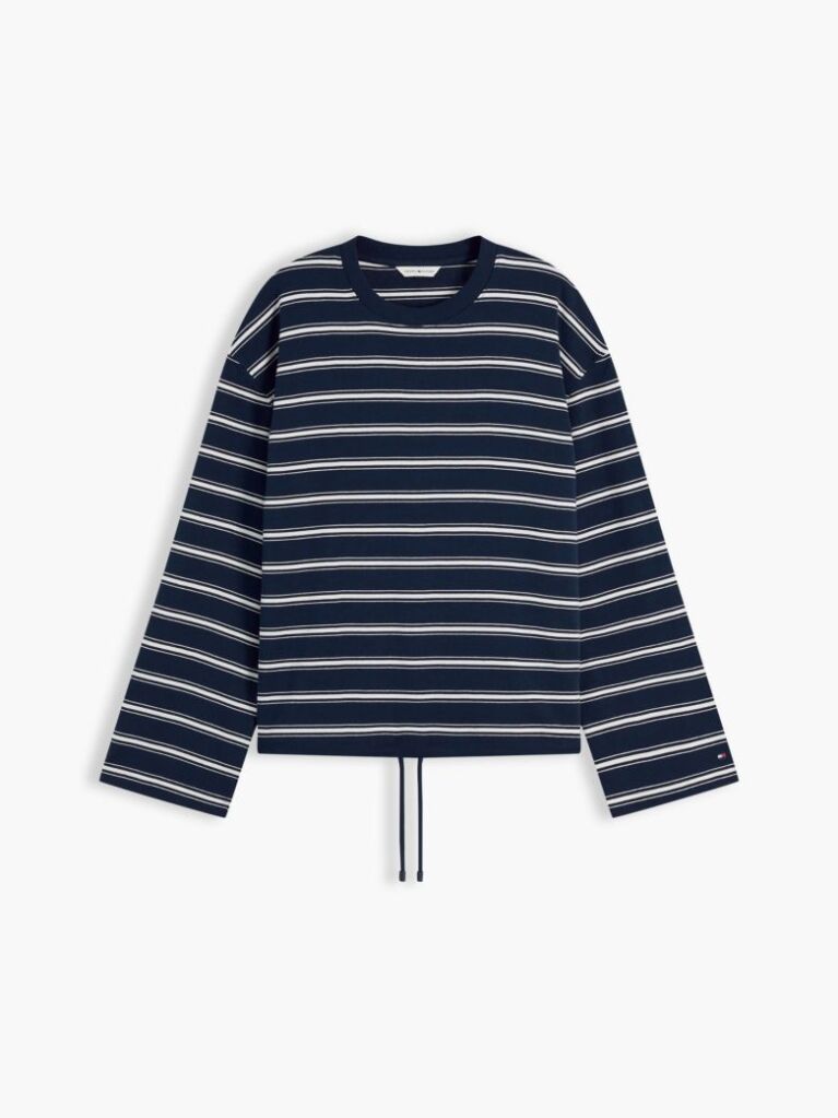 Multi Stripe Drawstring Hem Long Sleeve T-Shirt  Women