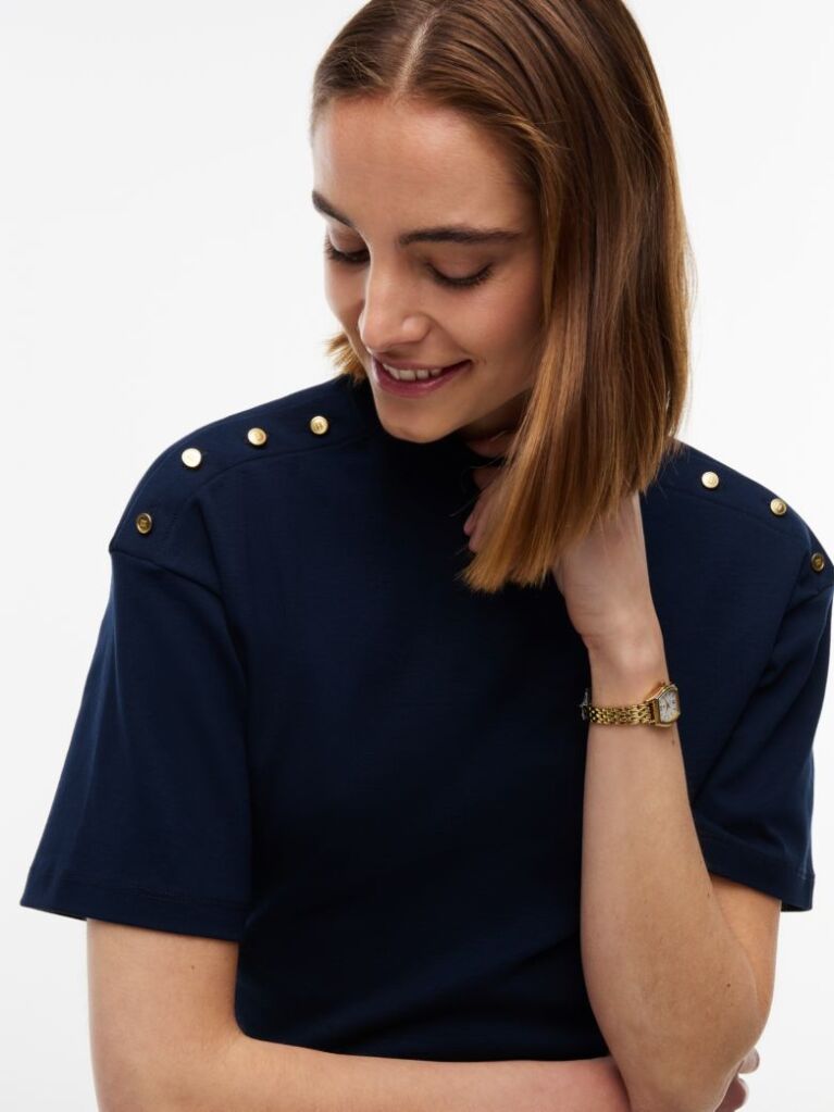 Blue Gold-Tone Button Mock Neck T-Shirt  Women