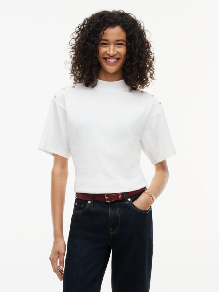 Beige Gold-Tone Button Mock Neck T-Shirt  Women