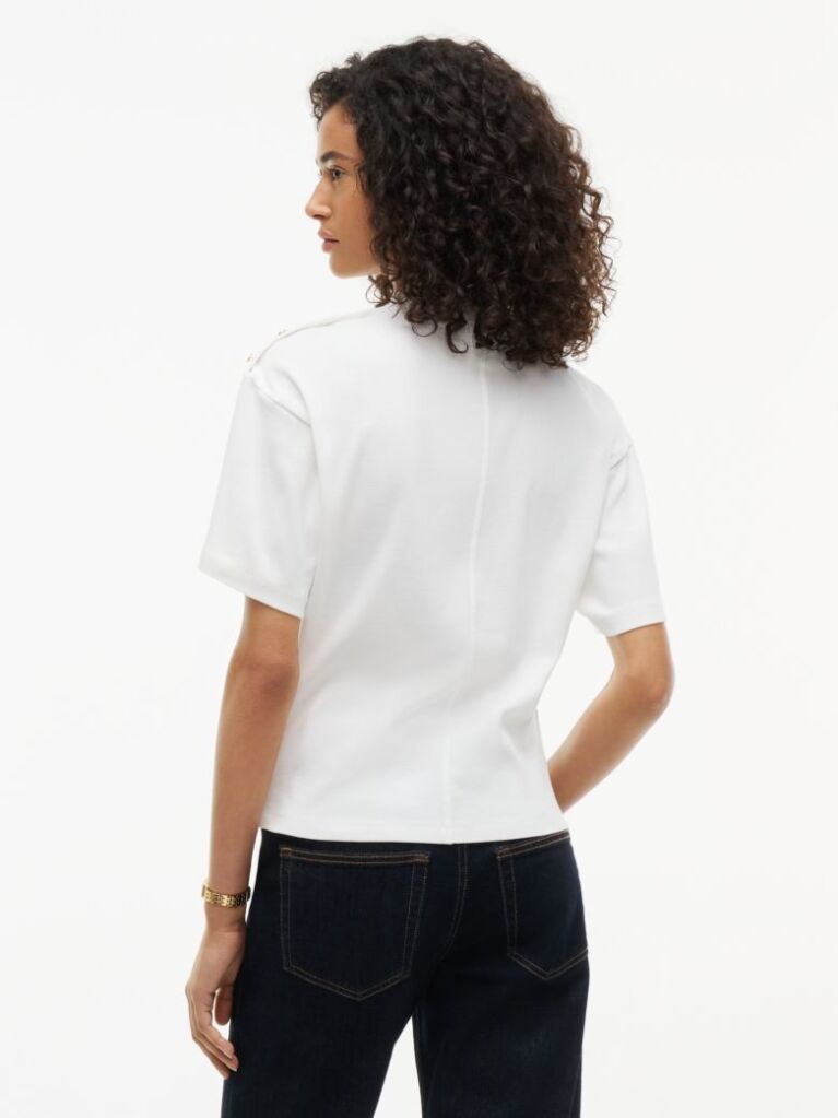 Beige Gold-Tone Button Mock Neck T-Shirt  Women