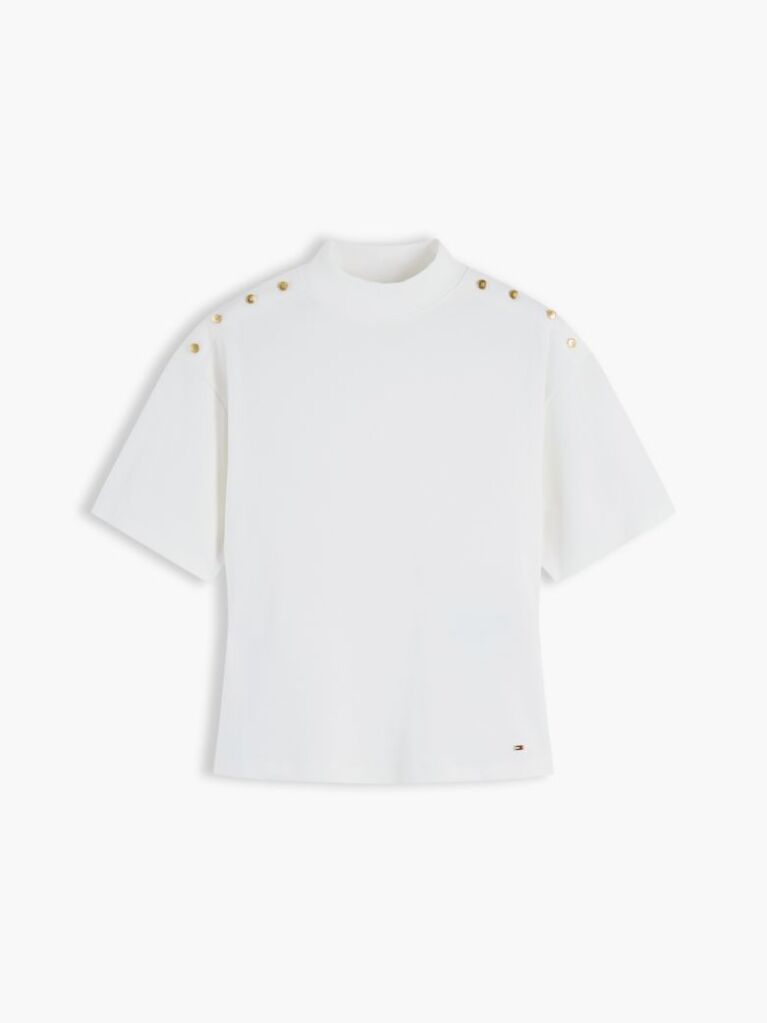 Beige Gold-Tone Button Mock Neck T-Shirt  Women