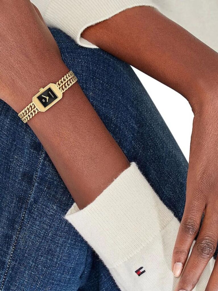 Black Ionic Gold-Plated Rectangular Dial Chain Link Watch  Women