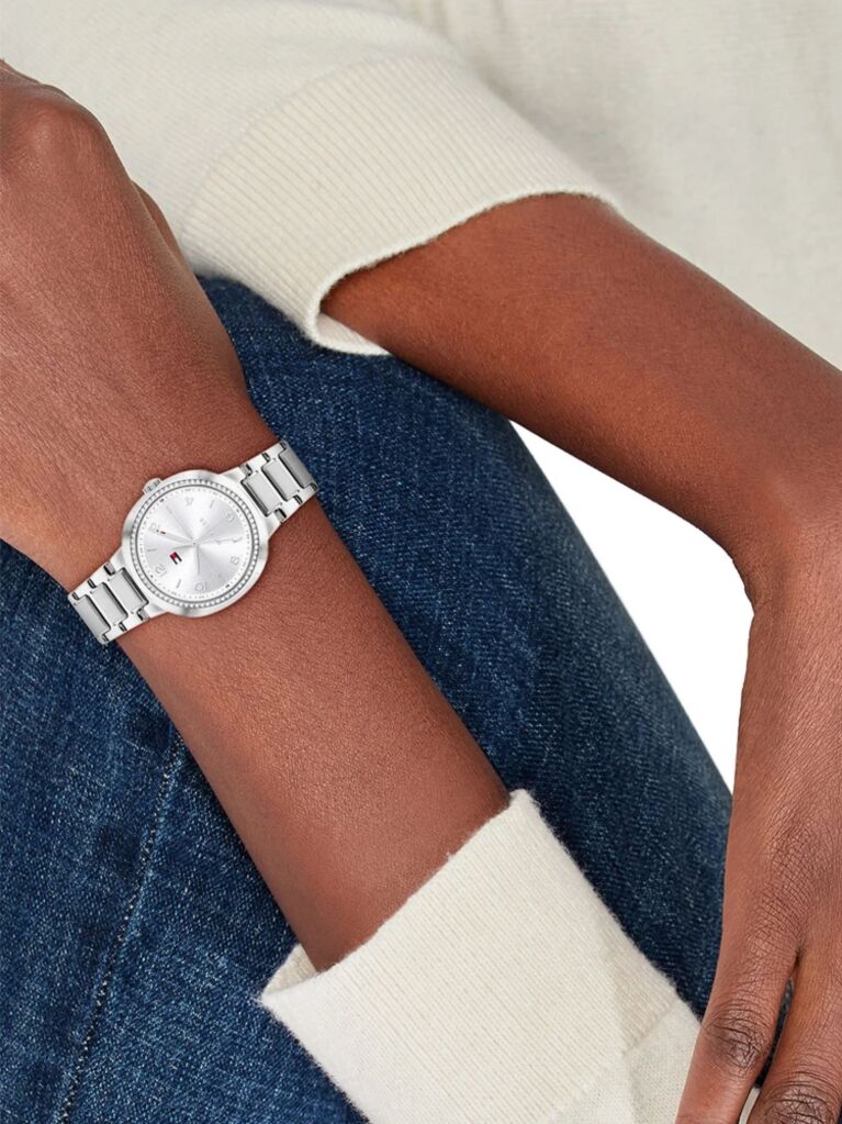 Silver Stainless Steel Crystal-Embellished Bracelet Watch  Women