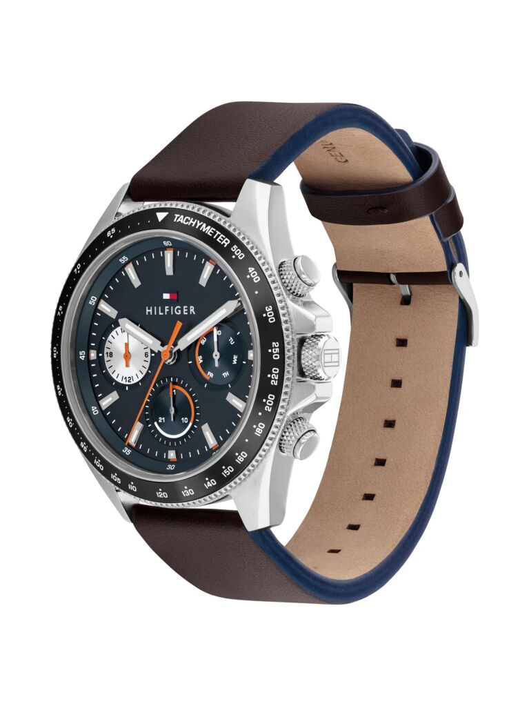 Grey Grey Dial Brown Leather Strap Chronograph Watch  Men