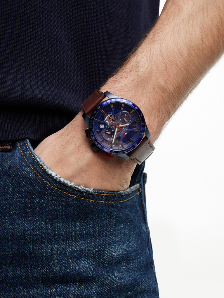 Blue Blue Dial Brown Leather Strap Chronograph Watch  Men
