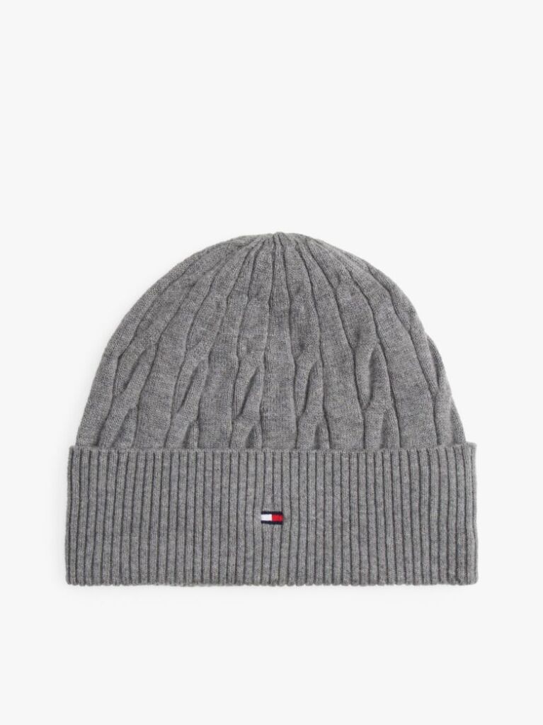Grey Hilfiger Flag Cable Knit Wool Blend Beanie  Men