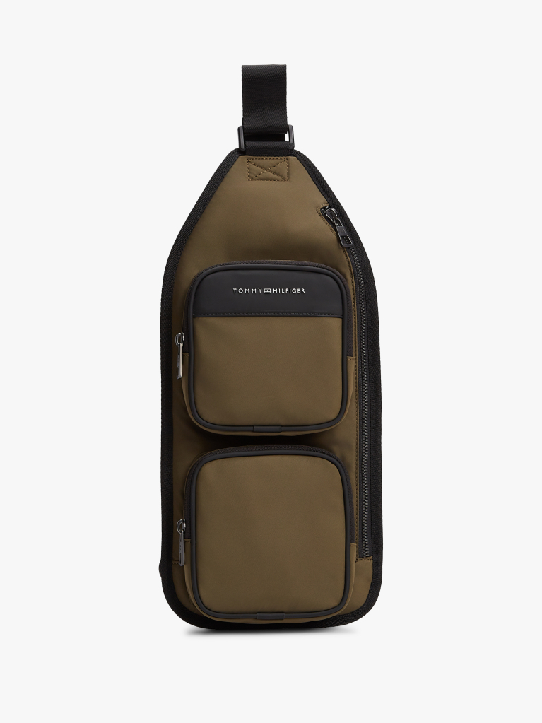 Green Metal Logo Sling Backpack  Men