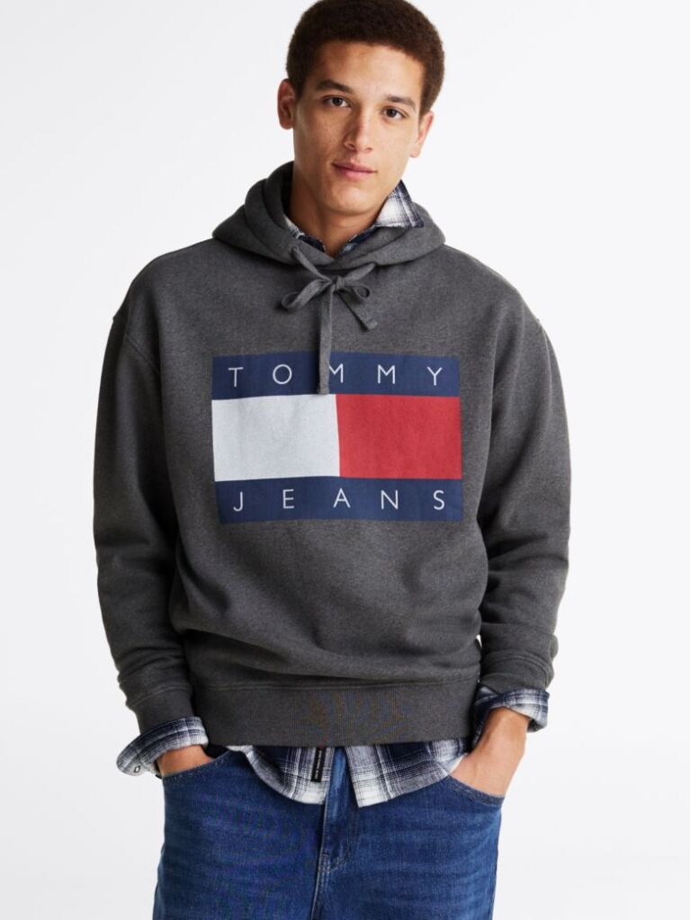 Grey Tommy Flag Badge Mélange Relaxed Hoody  Men