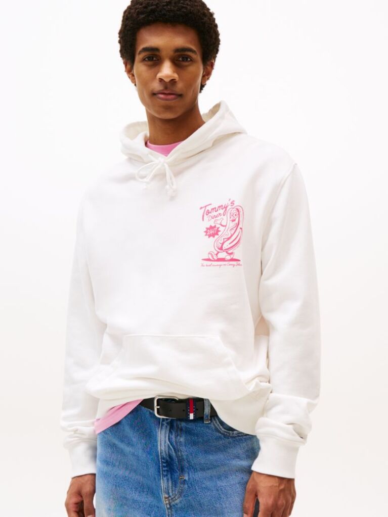 Άσπρο Hoody Σε Κανονική Γραμμή Με Κουκούλα Και Σχέδιο Πίσω  Άνδρες