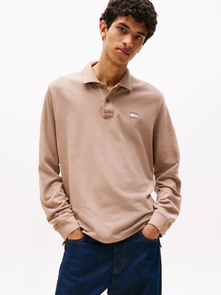 Beige Regular Fit Long Sleeve Polo Shirt  Men