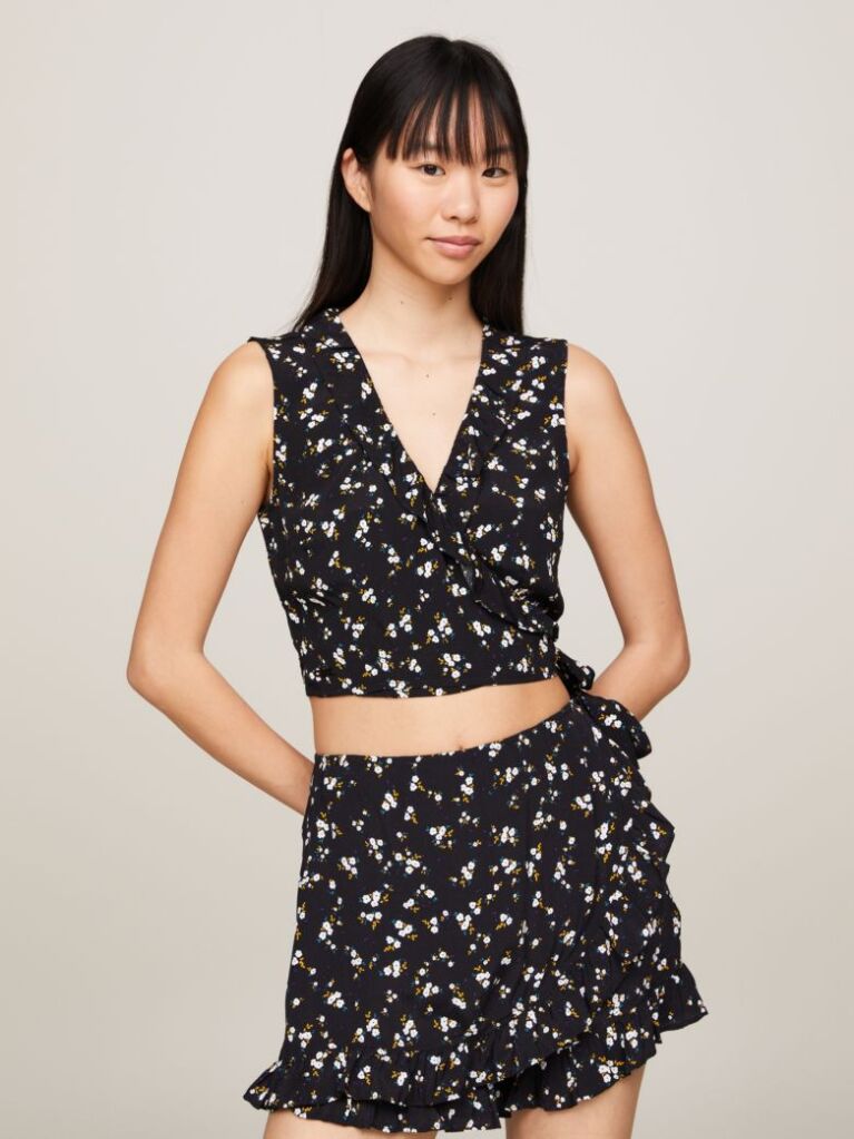 Multi Floral Print Ruffle Wrap Crop Top  Women