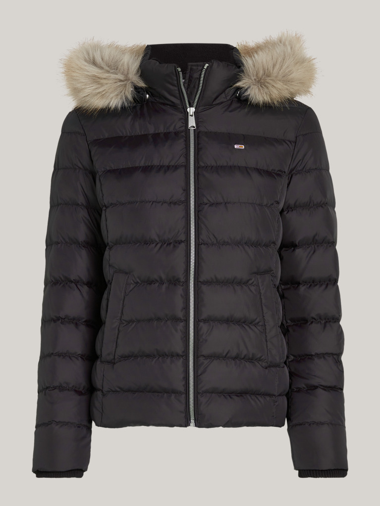 Black Faux Faur Hooded Down-Filled Fitted Jacket  Women