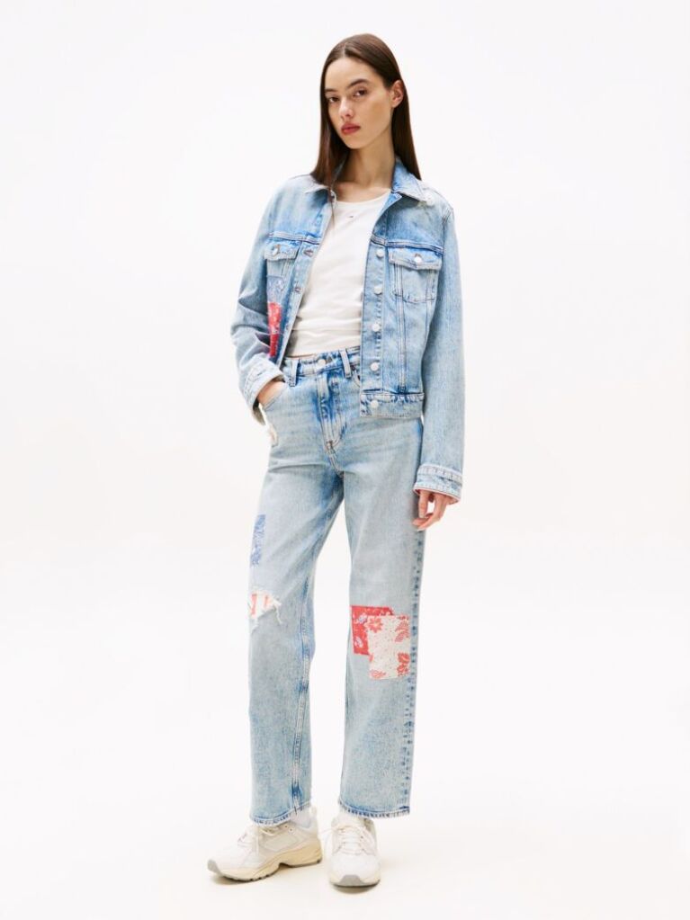 Denim Patchwork High Rise Slim Straight Jeans  Women
