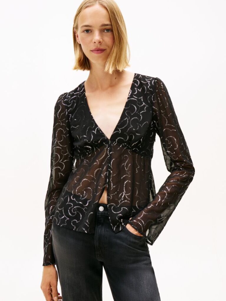 Black Slim Fit Metallic Print Blouse  Women