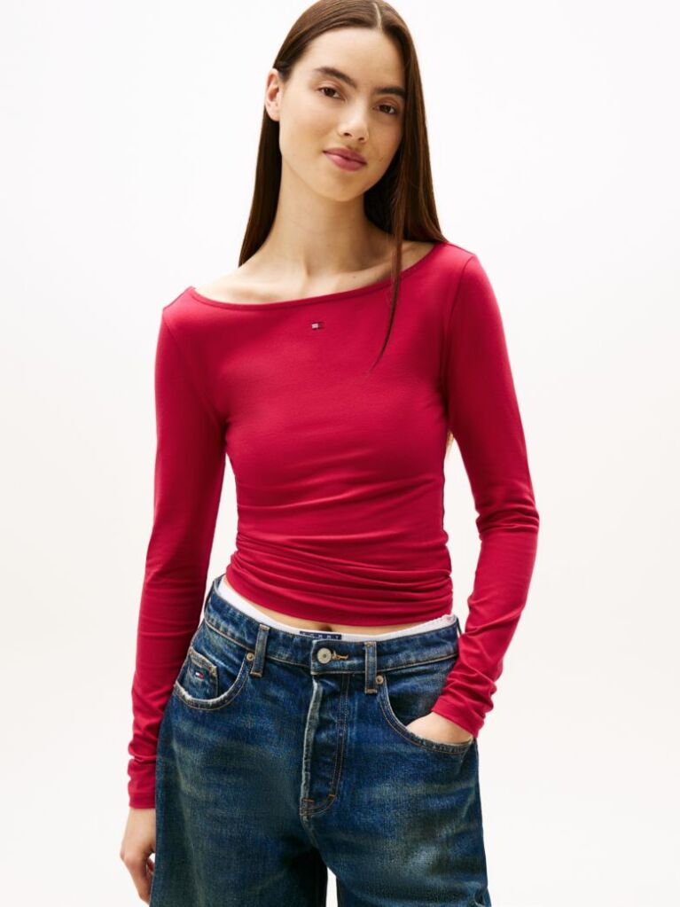Red Diamante Flag Slim Long Sleeve Top  Women