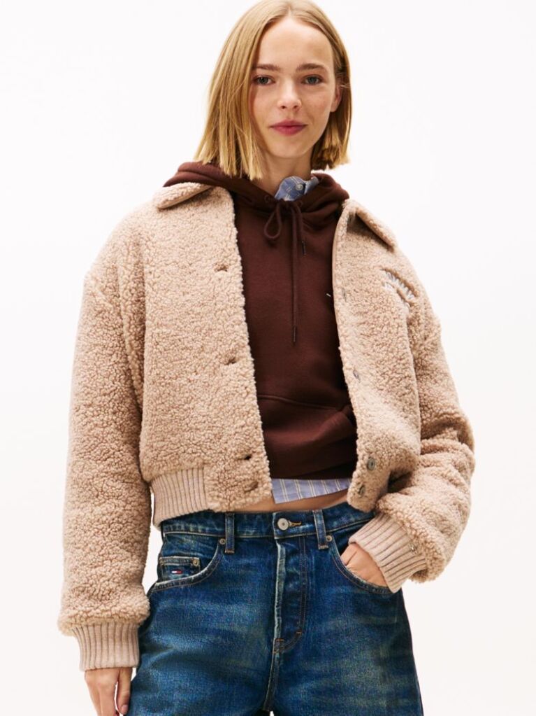 Beige Varsity Teddy Back Logo Bomber Jacket  Women