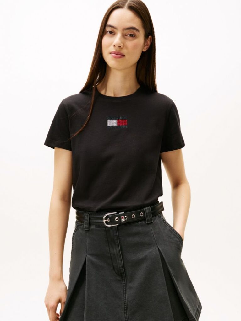 Black Diamanté Flag Crew Neck T-Shirt  Women