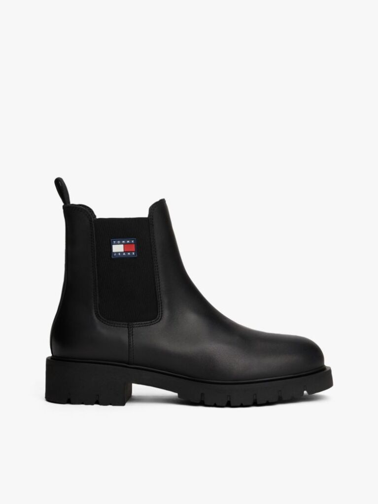 Black Leather Cleat Chelsea Boots  Women