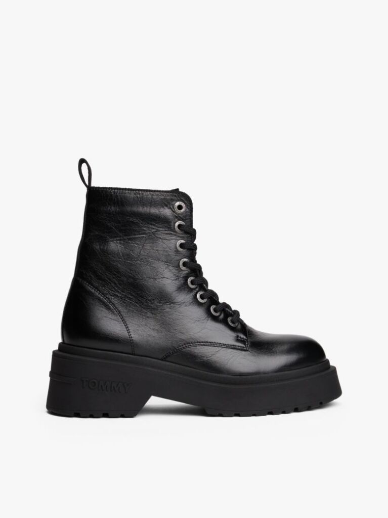 Black Shiny Leather Chunky Cleat Mid Boots  Women