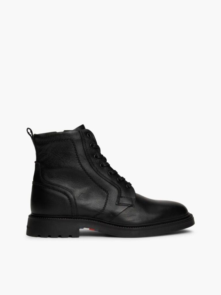 Black Lightweight Leather Lace-Up Mid Boots  Men