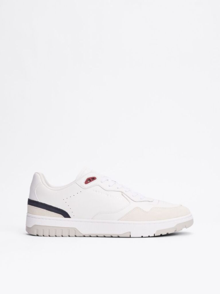 White Leather Mixed Texture Basketball Trainers  Men